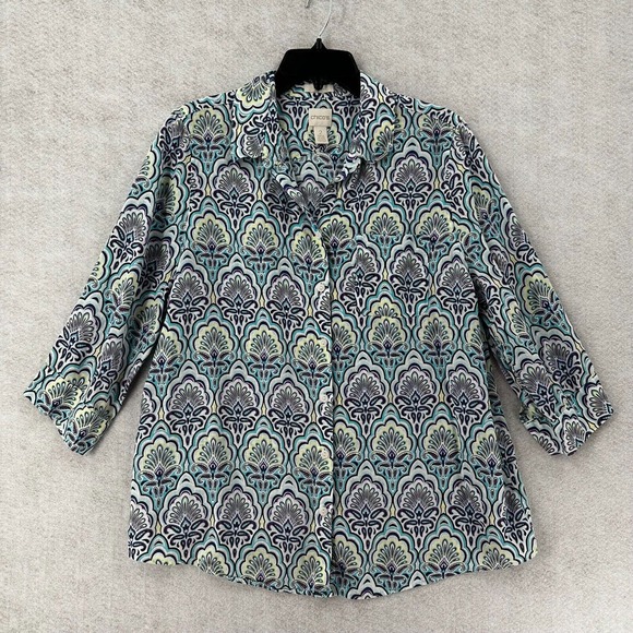Chicos Shirt Womens 2 (LARGE) No-Iron 100% Linen Button-Up 3/4 Sleeve EUC - Picture 1 of 15
